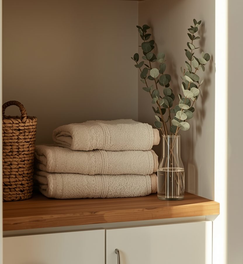 lucid origin “ultra‑detailed laundry nook with woven baskets neatly folded neutral towels 0