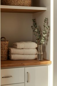 lucid origin “ultra‑detailed laundry nook with woven baskets neatly folded neutral towels 0